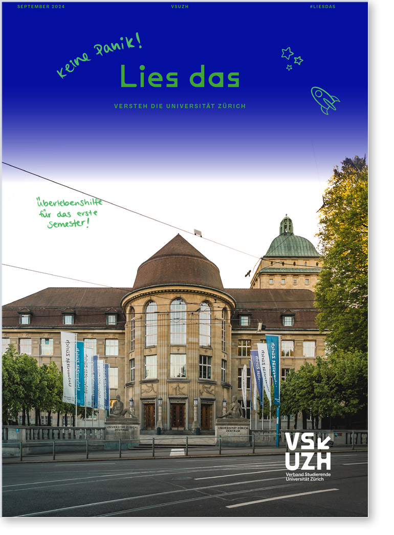 Deckblatt des Studienratgebers "Lies das" mit einem Foto des UZH-Hauptgebäudes